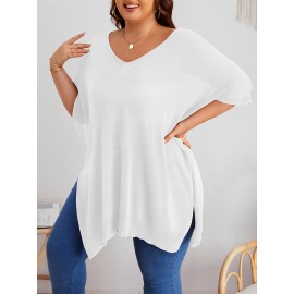 Plus Size Soft Knitted Top - Flattering V-Neck & Short Sleeves - Effortlessly Chic Casual Wear for Spring & Summer - Womens Plus Size Fashion