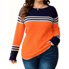 Cozy Plus Size Color Block Pullover Sweater - Trendy Crew Neck, Warm Long Sleeves, Soft Knit, Womens Fashion Plus Clothing