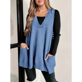 Cozy Plus Size Solid Knit Vest - Soft V-Neck Sleeveless Sweater for Fall & Winter - Stylish Casual Wear for Women