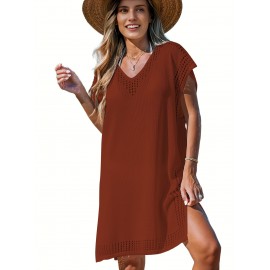 Plus Size Crew Neck Short Sleeve Knitted Dress - Soft Slight Stretch Polyester Fabric, Semi-Sheer Solid Color, Easy Care Hand Wash or Dry Clean, Perfect for Spring Summer Casual Occasions - Womens Comfortable Plus Size Clothing