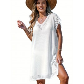 Plus Size Chic Knitted Dress - Flattering V Neck & Side Split Design - Comfortable Short Sleeve Casual Wear for Women - Perfect All-Season Style