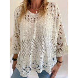 Plus Size V-Neck Hollow Out Knitted Top - Soft Medium Stretch Polyester Fabric, 3/4 Sleeve, Crew Neck, Sheer, Solid Color, Hand Washable, Perfect for Summer Vacation