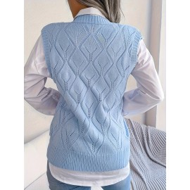 Plus Size Argyle Textured V Neck Sweater Vest - Soft High Stretch Polyester Knit Fabric, Sleeveless, Casual, Solid Color, Hand Washable - Perfect for All Seasons