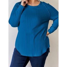 Full Size Ribbed Round Neck Slit T-Shirt