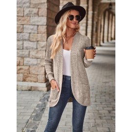 Plus Size Casual Cardigan, Women's Plus Solid Ribbed Long Sleeve Open Front Cardigan With Pockets