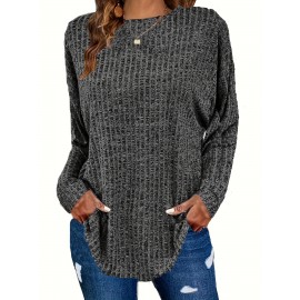 Plus Size Casual Sweater, Women's Plus Solid Ribbed Long Sleeve Round Neck Knit Top