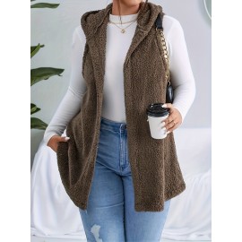 Plus Size Faux Fur Tunic Coat - Luxurious, Relaxed, Soft, and Warm - Designed for Women, Solid Color, Teddy Fleece, Open Front, Hoodie Design, Versatile and Cozy