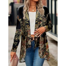 Plus Size Boho Coat, Women's Plus Arabesque Print Long Sleeve Open Front Slight Slight Stretch Cardigan Coat