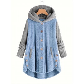 Plus Size Casual Coat - Vibrant Colorblock Pattern, Long Sleeves, Button-Up Front, Hooded Design, Soft Teddy Coat Material - Designed for Women with Curvy Figures, Plus Size Friendly