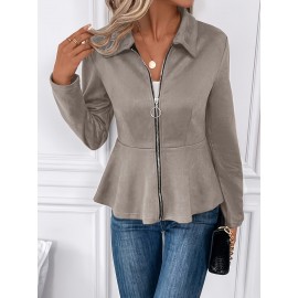 Chic Plus Size Women's Jacket - Long Sleeve Zip-Up with Elegant Peplum Detail & Lapel Collar, Perfect for Casual Wear