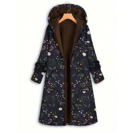 Plus Size Boho Coat, Women's Plus Floral Print Fleece Liner Long Sleeve Hooded Zip Up Longline Overcoat With Pockets