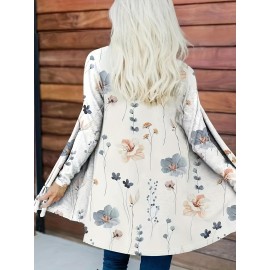 Plus Size Casual Coat, Women's Plus Floral Print Long Sleeve Open Front Medium Stretch Cardigan