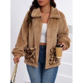 Plus Size Casual Coat, Women's Plus Colorblock Leopard Print Teddy Fleece Long Sleeve Zip Up Lapel Collar Coat With Pockets