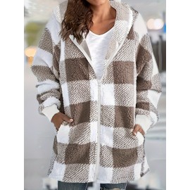 Plus Size Casual Coat - Soft Teddy Fleece, Vibrant Plaid Print, Long Sleeve, Zip-Up, Hooded Tunic Coat with Pockets, Designed for Women, Plus Size Friendly for a Flattering Fit