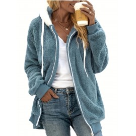 Plus Size Colorblock Zip Front Fuzzy Coat, Casual Long Sleeve Hooded Outwear For Winter & Fall, Women's Plus Size Clothing