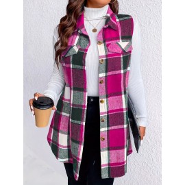 Plus Size Womens Plaid Fashion-Forward Coat - Stylish Button Up Tunic Vest with Lapel Collar - Bold Print for Casual Warmth and Comfort