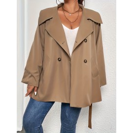 Plus Size Casual Trench Coat, Women's Plus Solid Long Sleeve Lapel Collar Double Breast Button Belted Trench Coat With Pockets