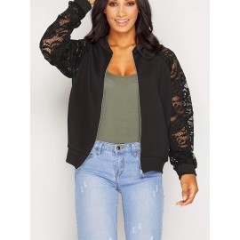 Plus Size Casual Coat, Women's Plus Contrast Lace Long Sleeve Mock Neck Zipper Jacket Coat