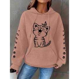 Plus Size Cat & Butterfly Graphic Hoodie - Comfy Casual Sweatshirt with Waffle Pattern, Long Sleeves, Drawstring Hood & Handy Pockets