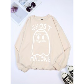 Plus Size Cartoon Ghost Print Crew Neck Sweatshirt - Soft Slight Stretch Polyester Material, Casual Pullover for Fall and Spring, Hand Wash Only, Womens Relaxed Fit Clothing for Cold Weather