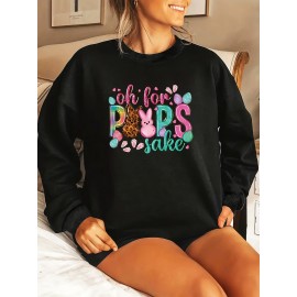 Plus Size Casual Sweatshirt, Women's Plus Cute Rabbit & Art Letter Print Long Sleeve Crew Neck Slight Stretch Pullover Sweatshirt, Casual Tops For Fall & Winter, Plus Size Women's Clothing