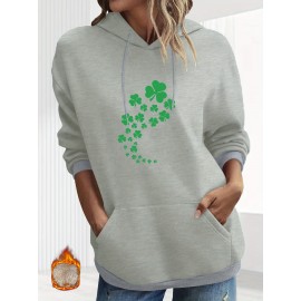 Plus Size Clover Print Warm Hoodie, Casual Kangaroo Pocket Long Sleeve Hooded Sweatshirt, Women's Plus Size Clothing