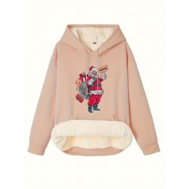 Women's Christmas Sweatshirt, Plus Size Funny Santa Claus Print Liner Fleece Long Sleeve Hooded Drawstring Sweatshirt With Kangaroo Pockets