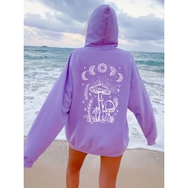 Plus Size Casual Sweatshirt, Women's Plus Mushroom & Moon Print Long Sleeve Drawstring Hooded Sweatshirt With Pockets