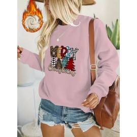 Women's Christmas Casual Sweatshirt, Plus Size Slogan & Tree Print Fleece Liner Long Sleeve Round Neck Sweatshirt