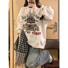 Cartoon Print Crew Neck Pullover Sweatshirt for Women - Soft Micro Elasticity Polyester Material, Long Sleeve, Asian Style, Positioning Printing, Perfect for Spring/Fall - Casual and Cozy Womens Clothing