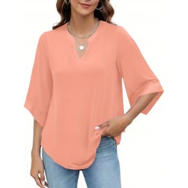 Plus Size Solid Curved Hem Notch Neck T-Shirt, Casual Half Sleeve Top For Spring & Summer, Women's Plus Size Clothing