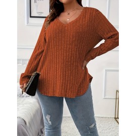 Plus Size Comfort Fit Casual Top - Designed for Women, Solid-Colored, Ribbed, Long Sleeve, V-Neck, Medium Stretch for a Flattering Silhouette - Ideal for Curvy Figures