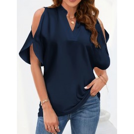 Plus Size Elegant V-Neck Cold Shoulder Top - Soft Non-Stretch Woven Fabric, Solid Color, Short Sleeve, Casual Spring & Summer Wear - Easy Fit, No Printing, No Sheer