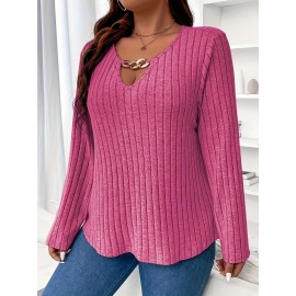 Plus Size Casual Top, Women's Plus Solid Ribbed Cut Out Metal Decor Long Sleeve Round Neck Slight Stretch Top