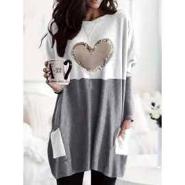 Plus Size Casual T-shirt, Women's Plus Colorblock Heart Print Drop Shoulder Long Sleeve Round Neck Tunic T-shirt With Pockets