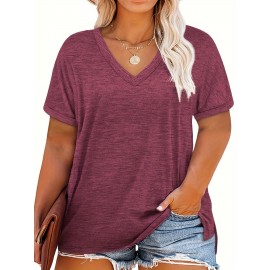 Flattering Plus Size V Neck T-Shirt - Solid Color, Short Sleeve & Split Design - Perfect for Spring & Summer Wardrobe - Curvy Womens Clothing