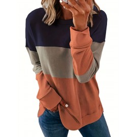 Plus Size Casual T-shirt - Stylish Womens Colorblock Long Sleeve Round Neck Tunic Top for Everyday Wear, Designed for Plus Size Women