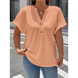 Flattering Plus Size Solid T-Shirt - Comfortable V Neck, Short Sleeve, Textured Style - Perfect for Casual Wear, Curvy Womens Clothing