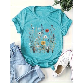 Plus Size Floral Crew Neck Short Sleeve T-Shirt - Soft Cotton Blend, Slight Stretch, Positioning Printing, Casual Summer Top for Women - Perfect for Spring and Summer Outings