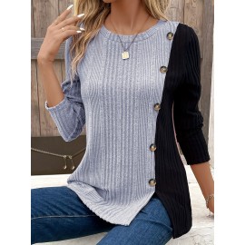 Plus Size Casual T-shirt, Women's Plus Colorblock Ribbed Button Decor Long Sleeve Round Neck Split Hem T-shirt