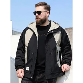 Plus Size Loose-Fit Casual Color Block Blazer For Men, Ribbed Cuffs, Drawstring Hem