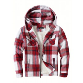 Plus Size Men's Fashion Plaid Hooded Jacket Fleece Thick Jacket For Fall Winter, Men's Clothing