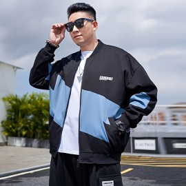 Plus Size Men's Contrast Color Baseball Jacket Oversized Fashion Band Collar Jacket For Fall Winter, Men's Clothing