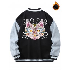 Plus Size Colorful Cat Pattern Varsity Jacket - Warm, Thick, OverSized, Long Sleeve, Thermal, Color Block Fleece Button Jacket - Perfect for Big and Tall Guys in Autumn and Winter