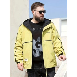 Men's Plus Size Casual Windbreaker Jacket, Hooded Coat With Functional Pockets And Zipper Closure, Loose Fit College Style