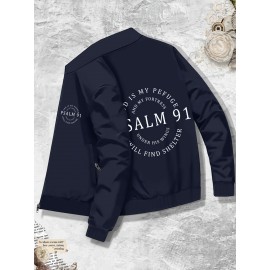 Plus Size Men's Casual Bomber Jacket, Psalm 91 Print, Stand Collar, Zipper Pockets, Trendy College Style Outerwear