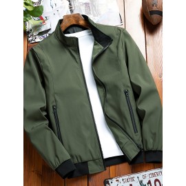 Plus Size Mens Stand Collar Spring Autumn Fashion Jacket - Zipper Pocket Solid Color Polyester Outerwear with Regular Fit - Hand Wash Only, No Dry Clean