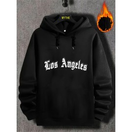 Plus Size Mens Cozy Los Angeles Solid Color Hooded Sweatshirt for Fall and Winter - Soft Slight Stretch Polyester Knit Fabric, Regular Fit, Casual Style, Perfect for All Seasons