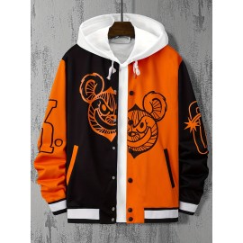 Plus Size Mens Baseball Jacket - Vibrant Contrast Color Tops, Unique Detached Bear Print, Classic Band Collar Design - Perfect for Fall and Winter, Mens Fashion Essential