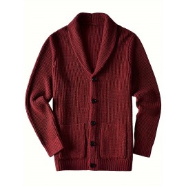 Plus Size Men's Solid Knit Long Sleeve Button Down Cardigan With Lapel Collar And Pockets, Elegant And Comfy Sweater For Autumn And Winter Leisurewear